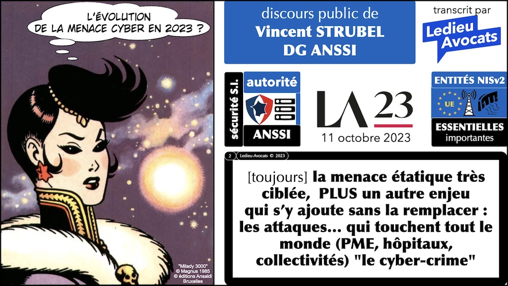 l'état de la menace cyber NISv2 le discours public de Vincent Strubel DG ANSSI 11 octobre 2023 Les Assises © Ledieu-Avocats 2023